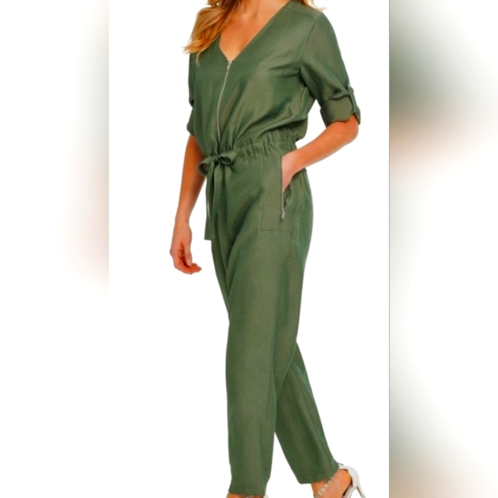 DKNY Women's Drawstring Waist Cuffed Hem Jumpsuit Olive Green